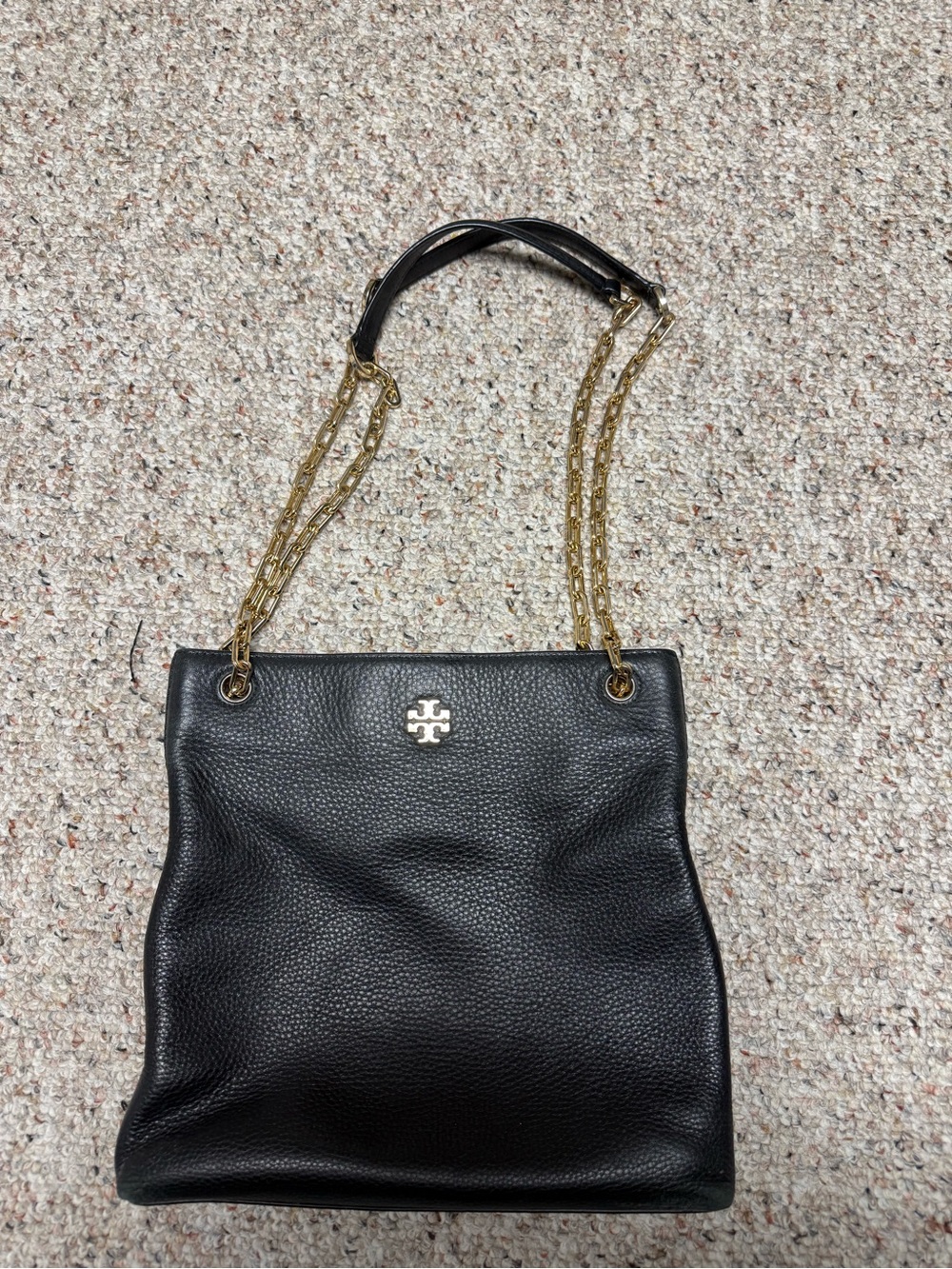 Tory Burch Black Pebbled Leather Shoulder Bag with Gold Chain